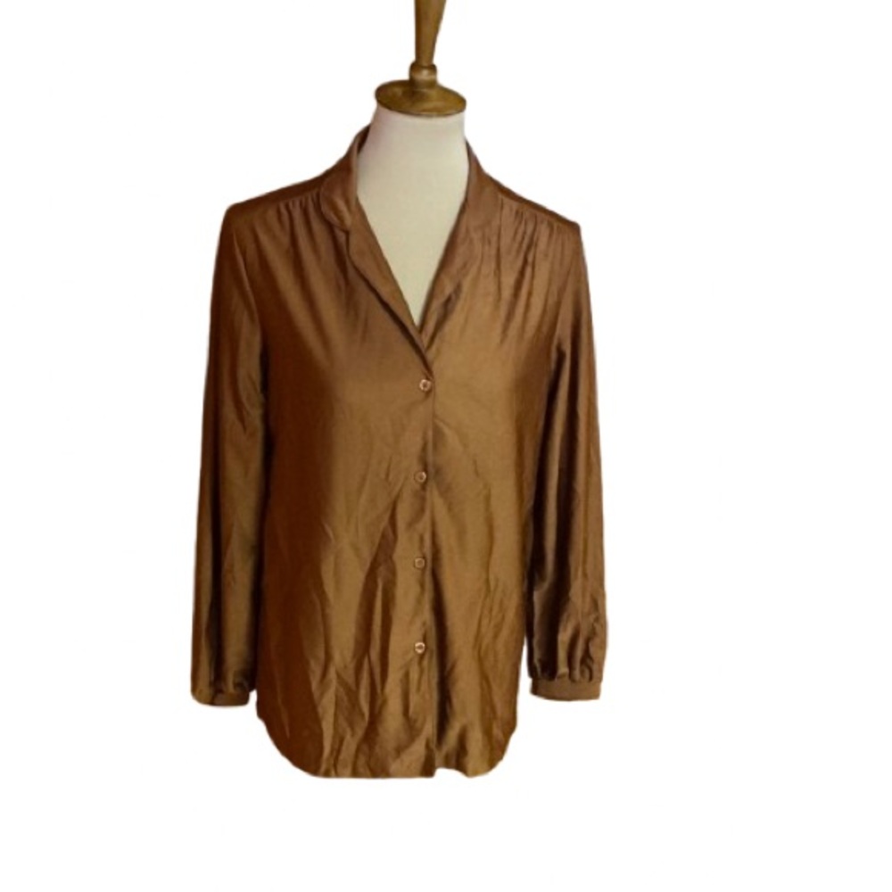 Vtg 70s rusty brown button down top